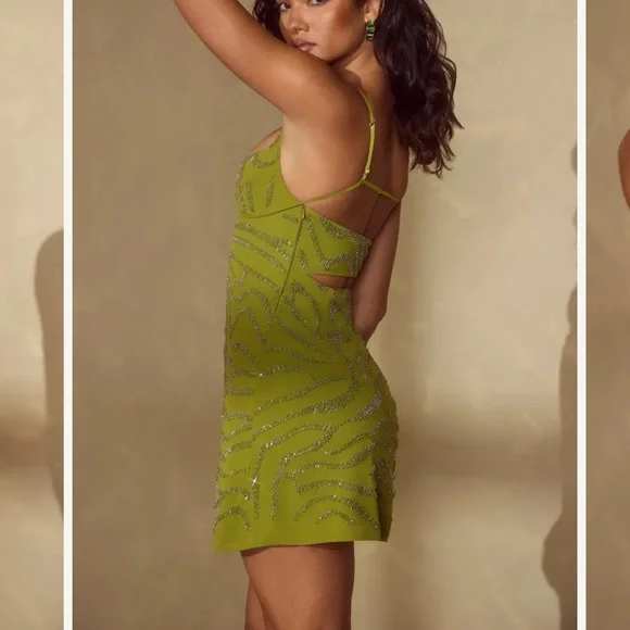 Leonora beaded Olive Green mini Dress Oh Polly - Picture 3 of 5